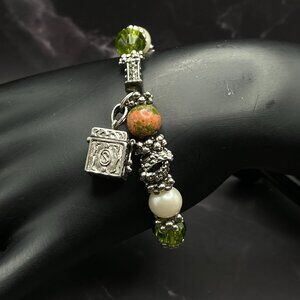 Vintage Unakite & Sterling Bracelet 925 Locking Box Charm Glass Beads Faux Pearl